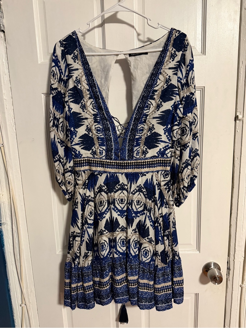 Kas New York Blue & White Patterned V-Neck Boho Dress